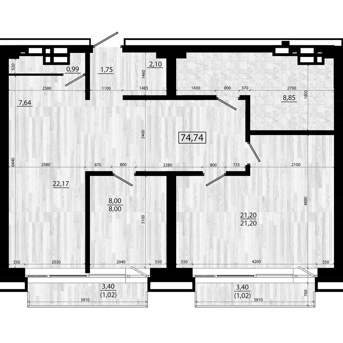 4-комнатная, 74.74 м², № 202 в Legenda (Легенда)