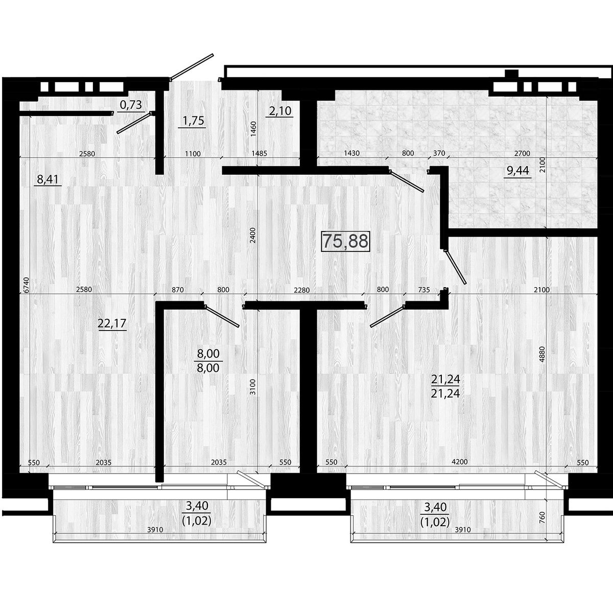 4-комнатная, 75.88 м², № 103 в Legenda (Легенда)