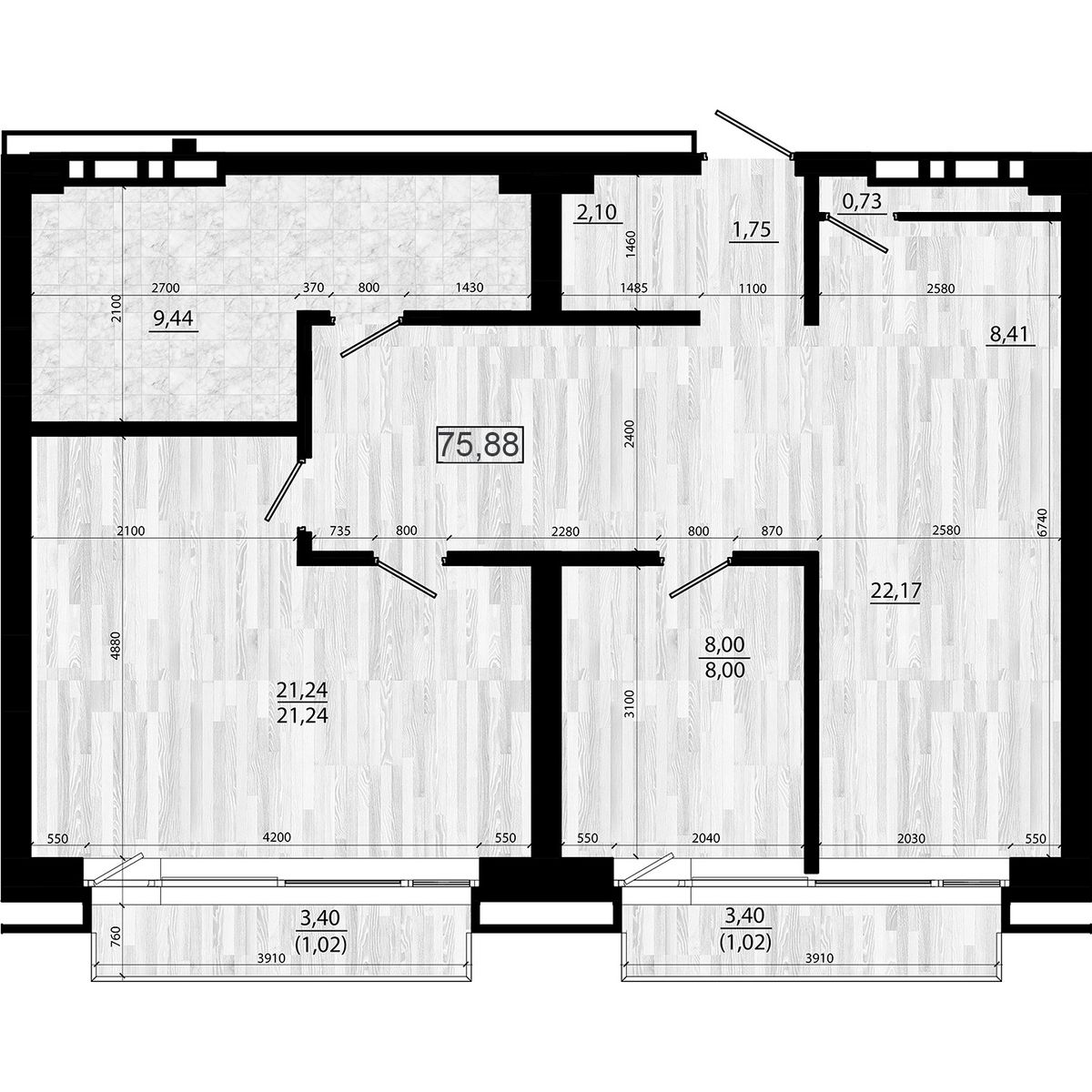 4-комнатная, 75.88 м², № 104 в Legenda (Легенда)
