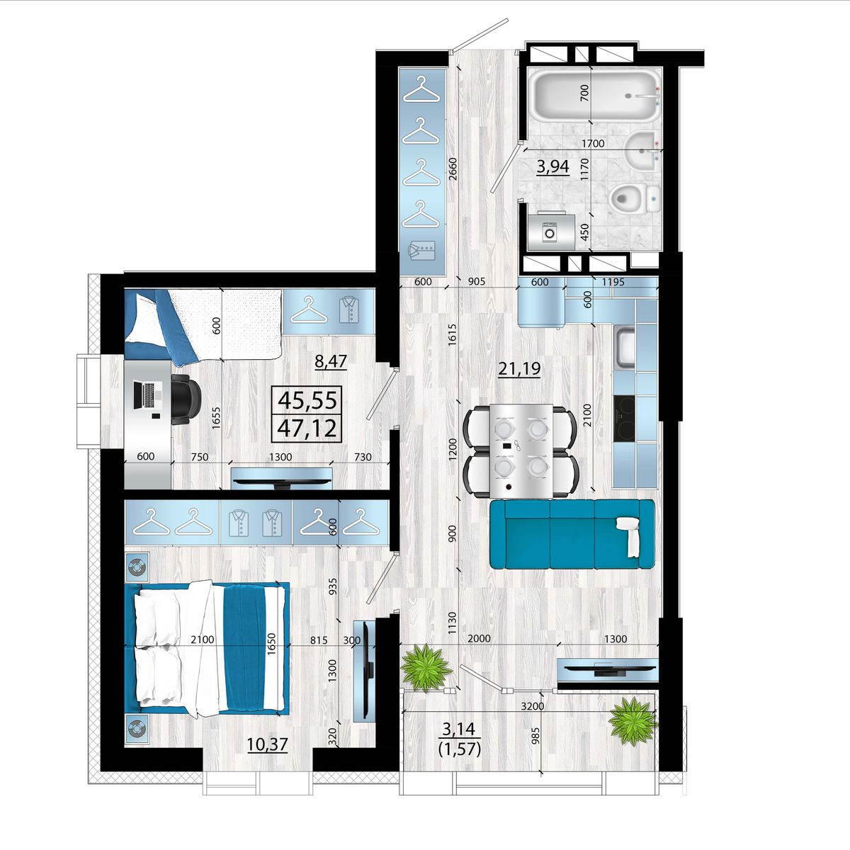 3-комнатная, 47.12 м², № 144 в Panorama (Панорама)