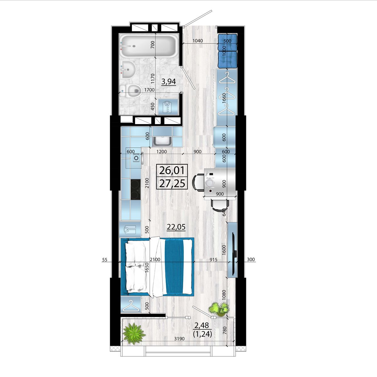 Студия, 27.25 м², № 181 в Panorama (Панорама)