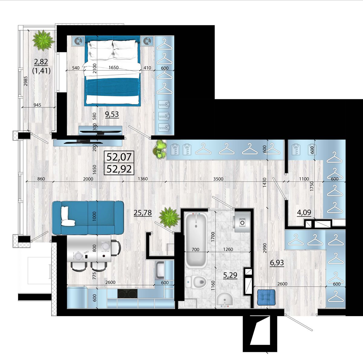 2-комнатная, 53.29 м², № 6 в Panorama (Панорама)