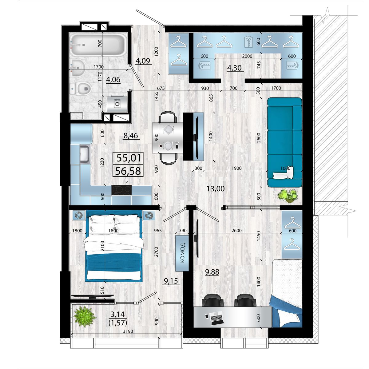 3-комнатная, 56.58 м², № 11 в Panorama (Панорама)