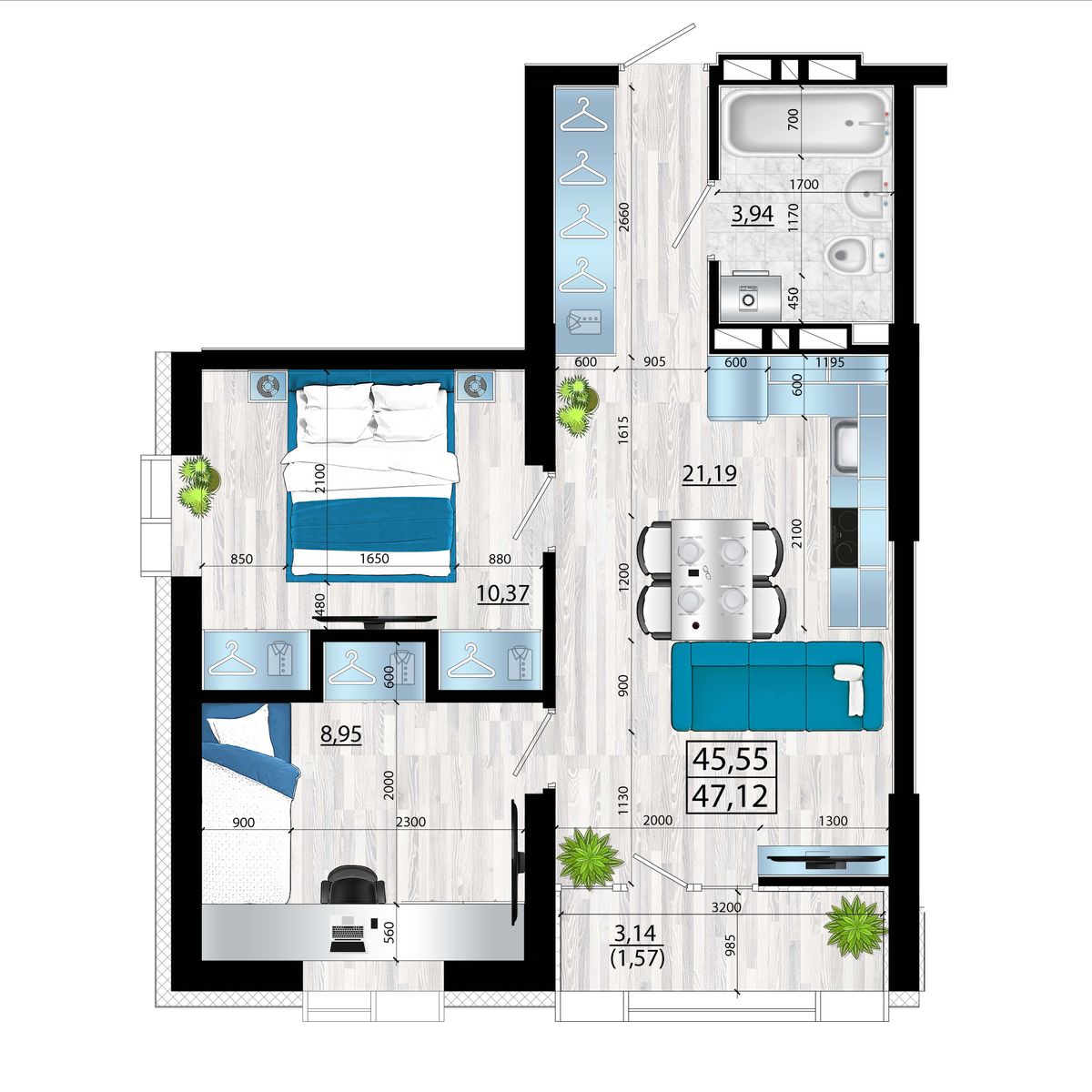 3-комнатная, 47.12 м², № 144 в Panorama (Панорама)