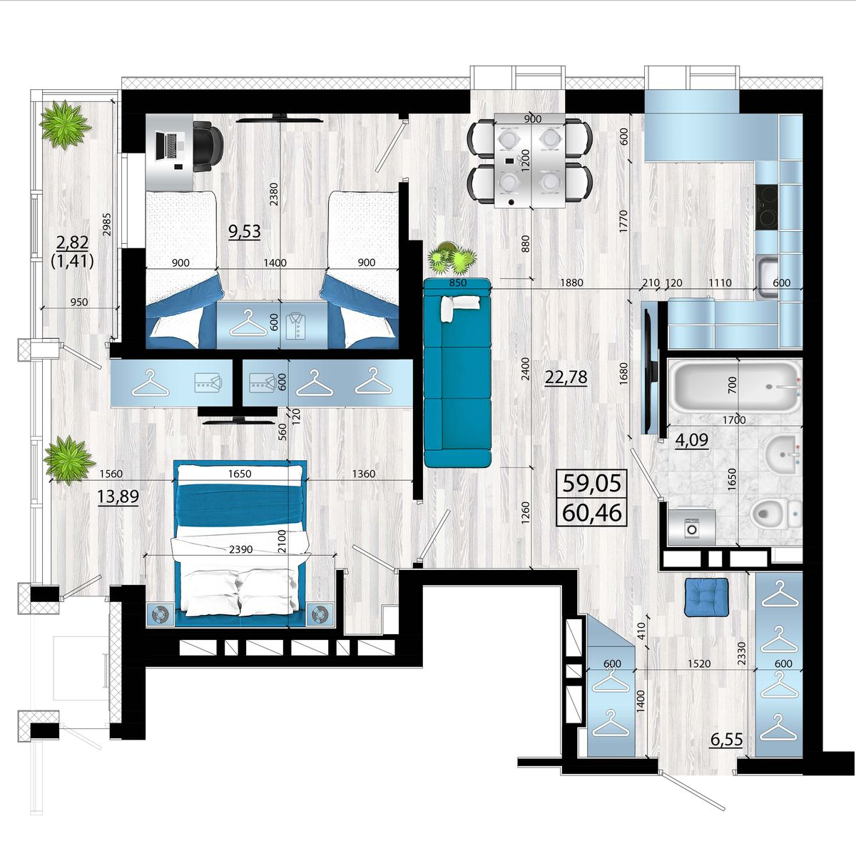 3-комнатная, 60.46 м², № 43 в Panorama (Панорама)