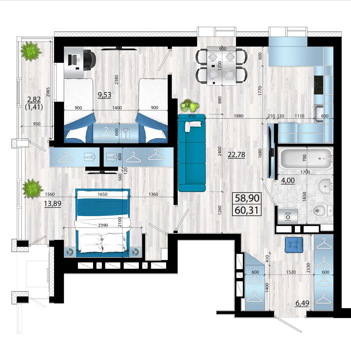 3-комнатная, 60.31 м², № 142 в Panorama (Панорама)