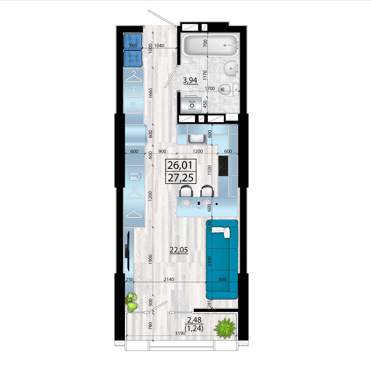 Студия, 27.25 м², № 183 в Panorama (Панорама)