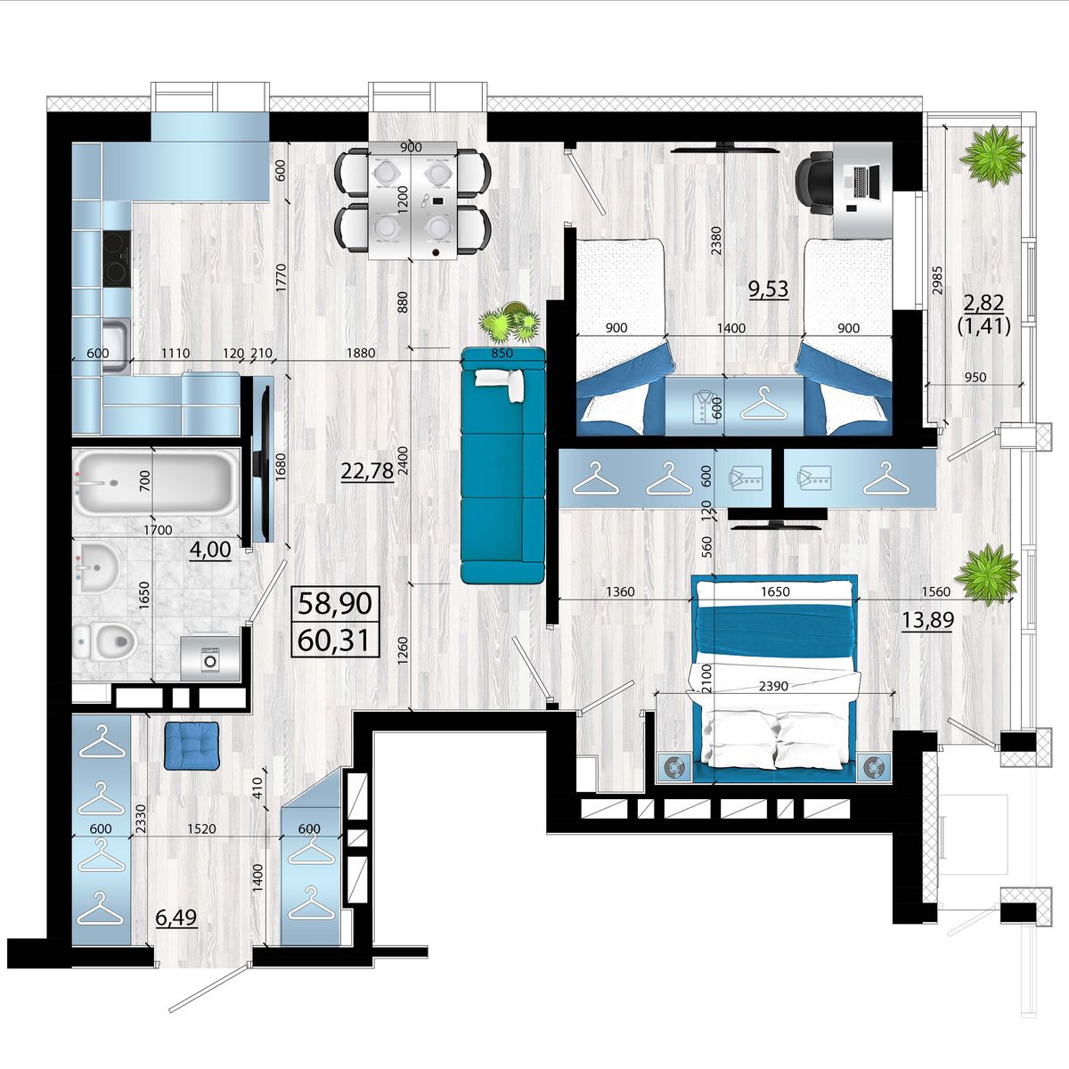 3-комнатная, 60.31 м², № 123 в Panorama (Панорама)