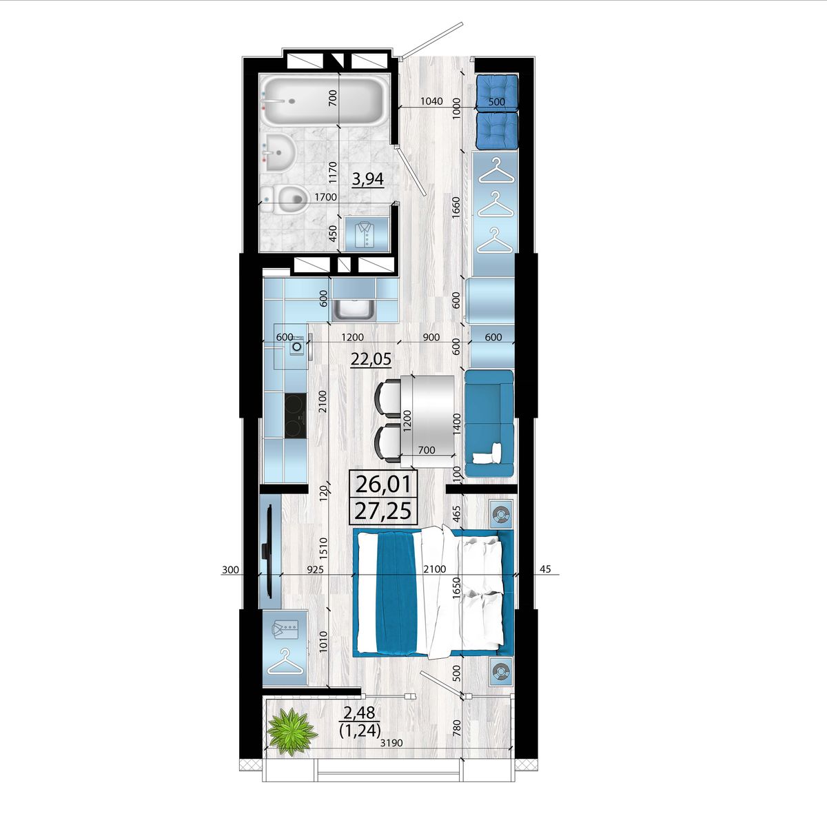 Студия, 27.25 м², № 181 в Panorama (Панорама)