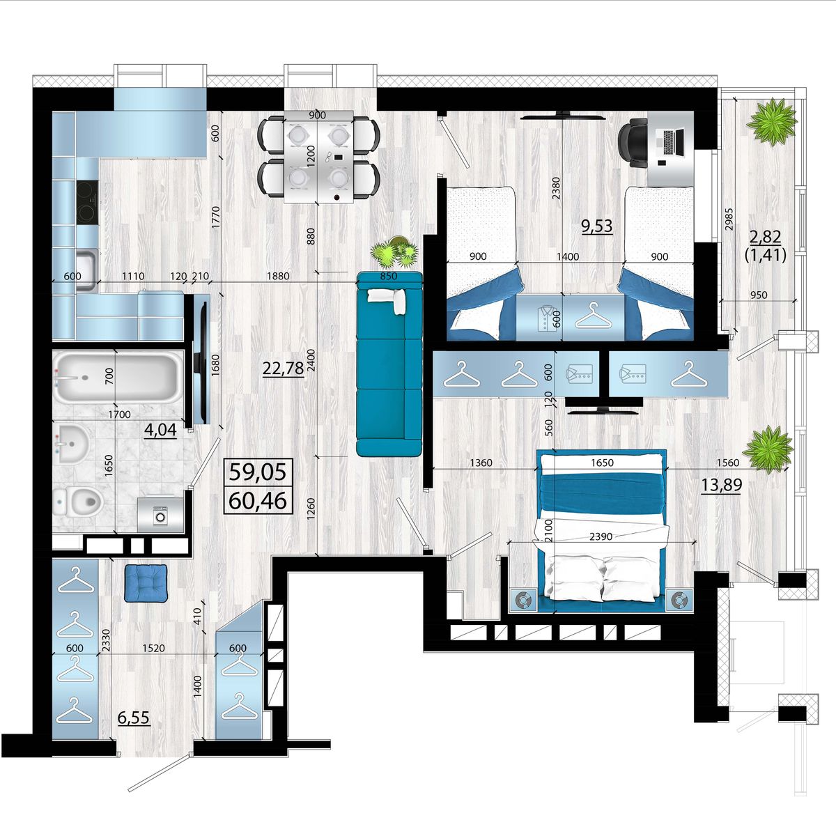 3-комнатная, 60.46 м², № 42 в Panorama (Панорама)