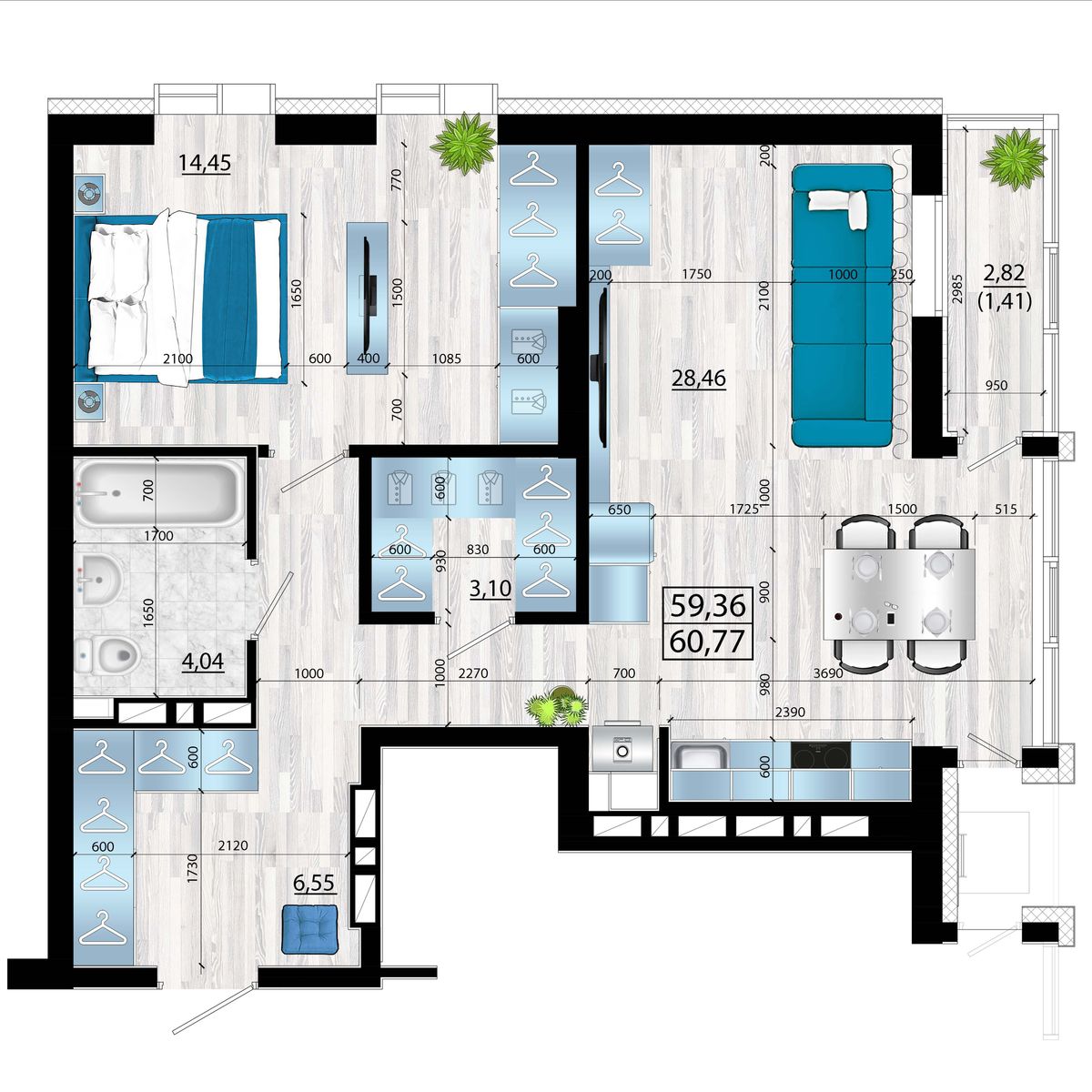 3-комнатная, 60.77 м², № 25 в Panorama (Панорама)