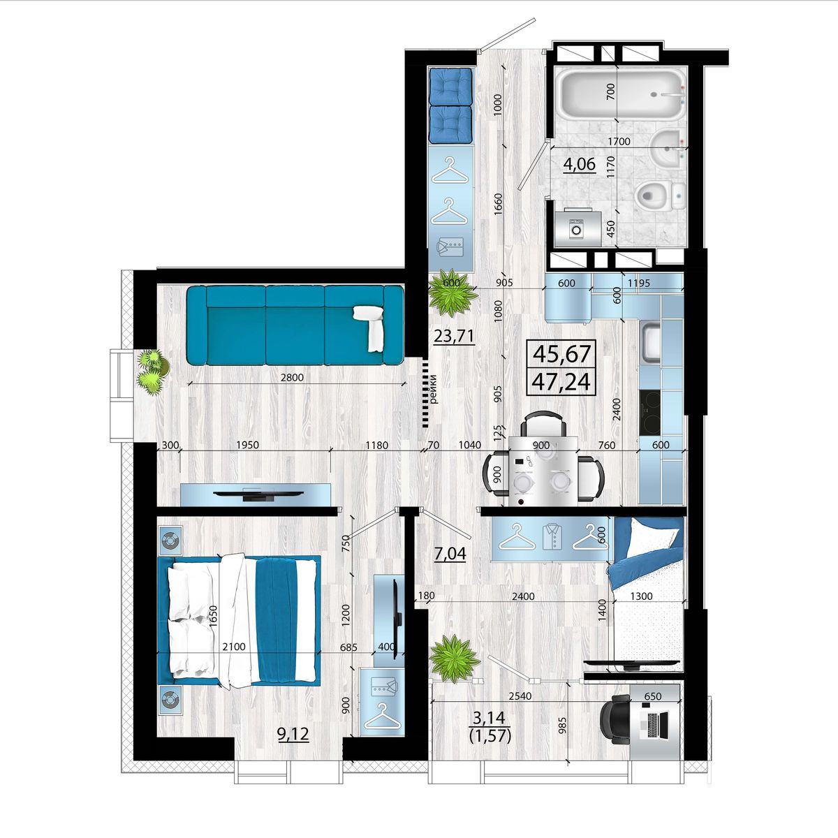 3-комнатная, 47.24 м², № 81 в Panorama (Панорама)