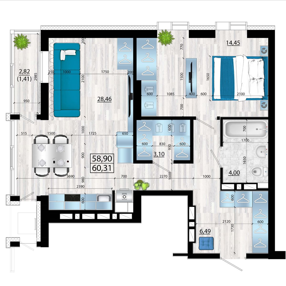 3-комнатная, 60.31 м², № 142 в Panorama (Панорама)