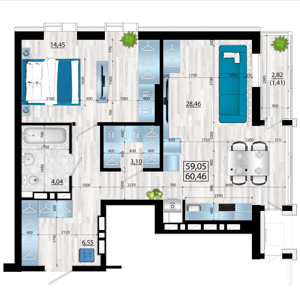 3-комнатная, 60.46 м², № 69 в Panorama (Панорама)