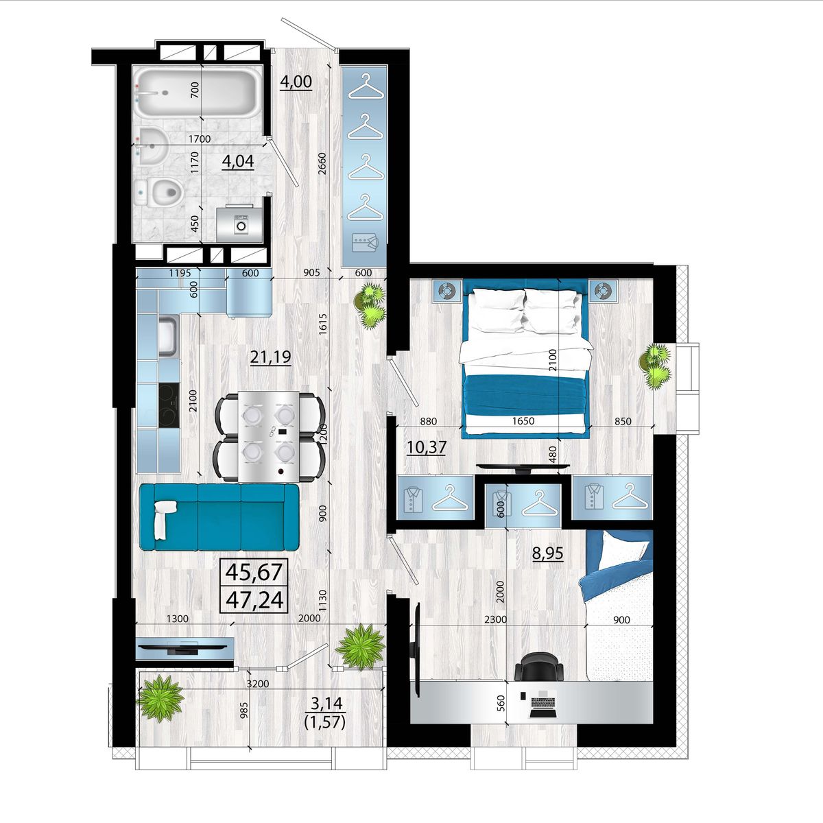 3-комнатная, 47.24 м², № 76 в Panorama (Панорама)