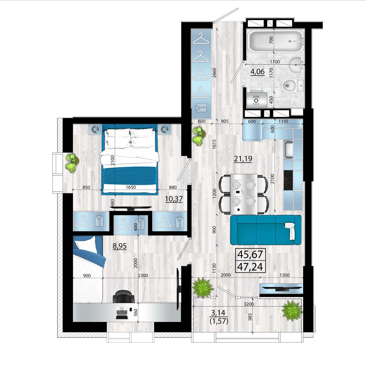 3-комнатная, 47.24 м², № 81 в Panorama (Панорама)