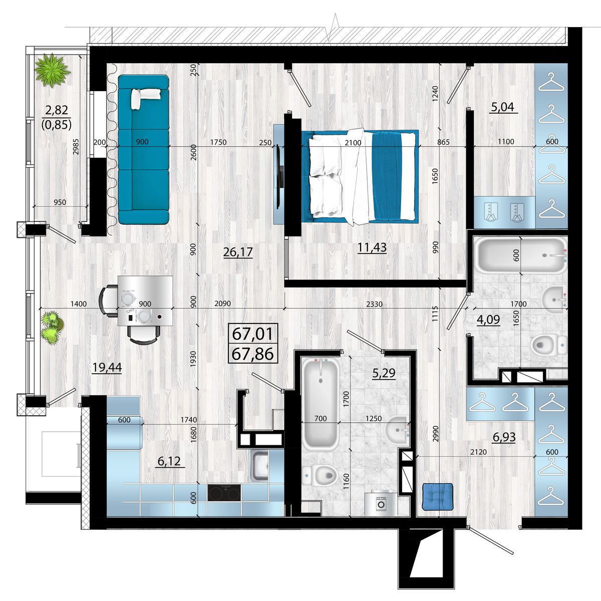 3-комнатная, 68.42 м², № 12 в Panorama (Панорама)