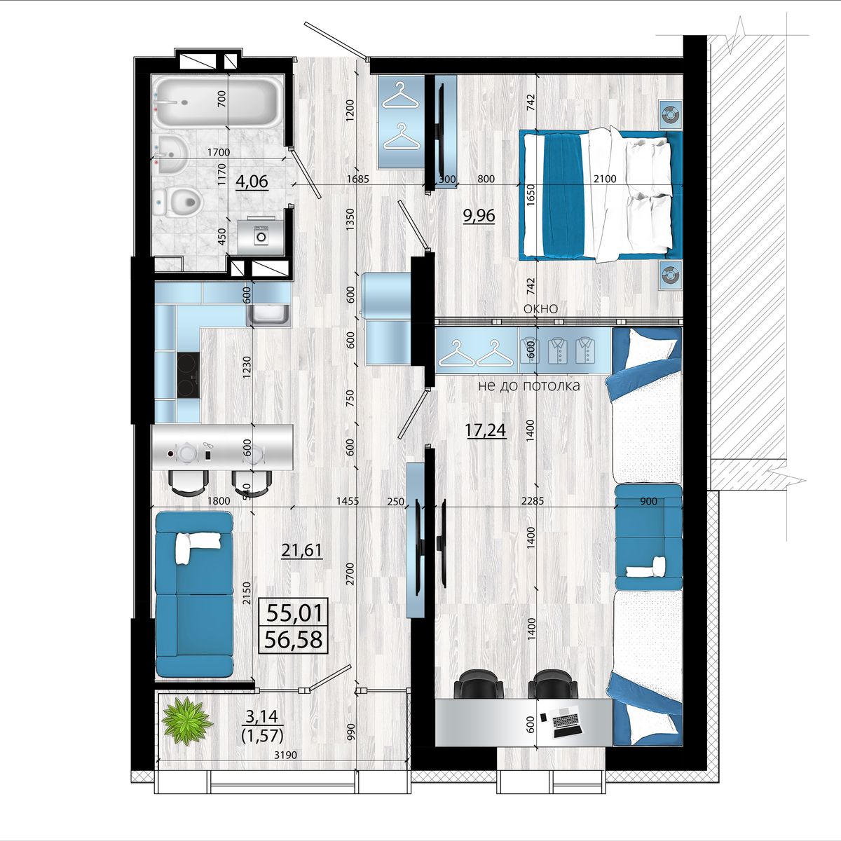 3-комнатная, 56.58 м², № 11 в Panorama (Панорама)