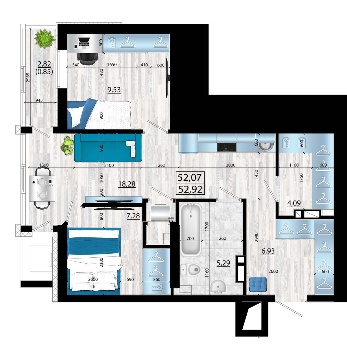 2-комнатная, 53.29 м², № 6 в Panorama (Панорама)