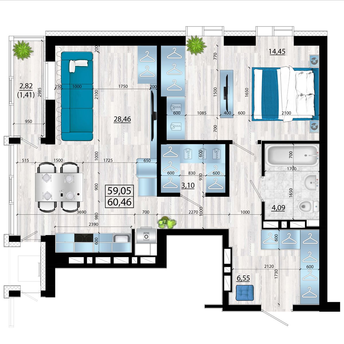 3-комнатная, 60.46 м², № 43 в Panorama (Панорама)