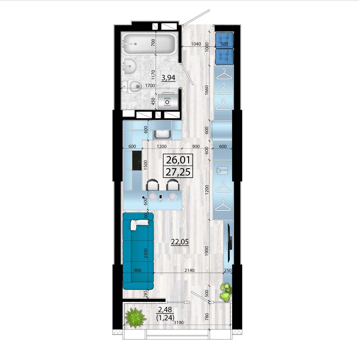 Студия, 27.25 м², № 181 в Panorama (Панорама)