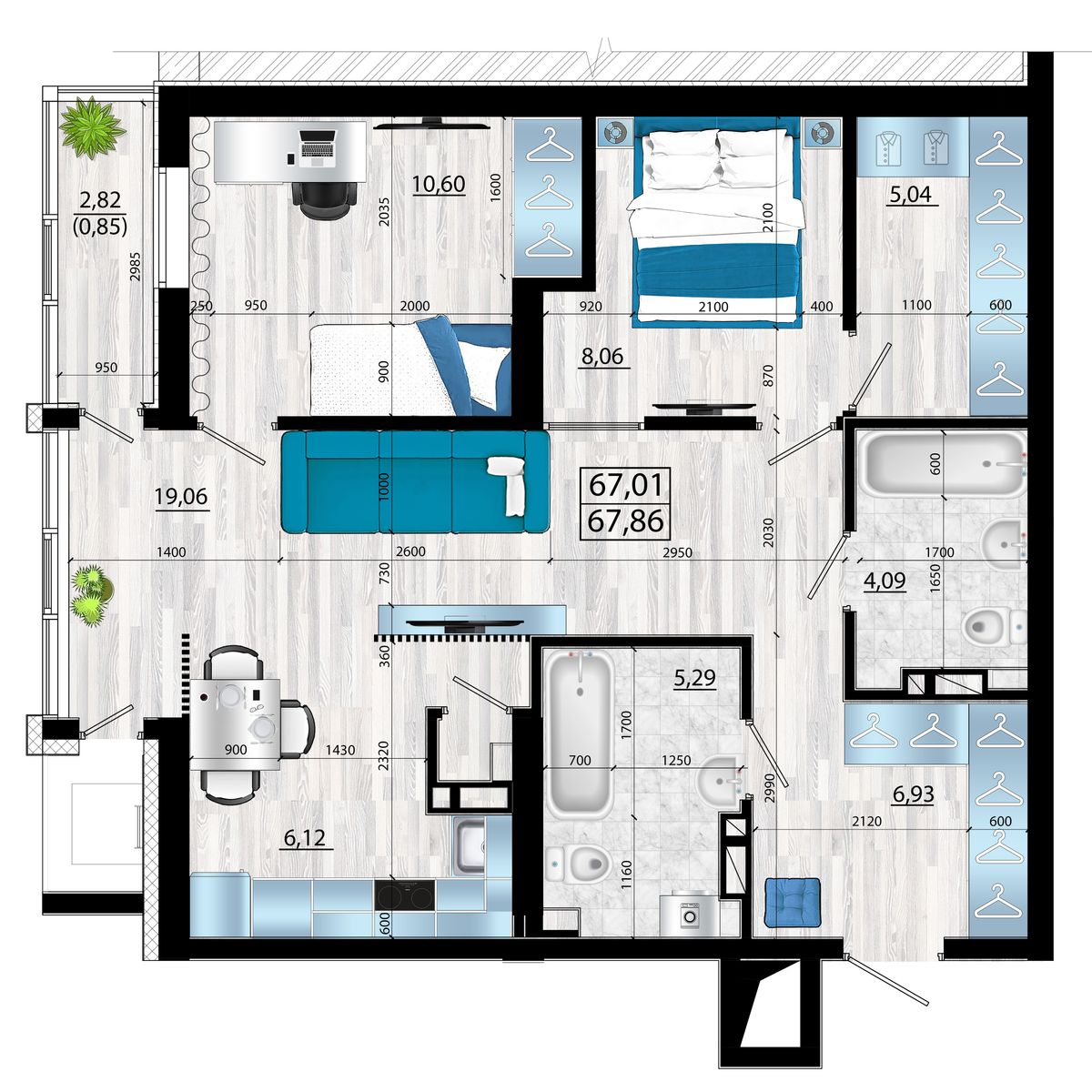 3-комнатная, 68.42 м², № 12 в Panorama (Панорама)