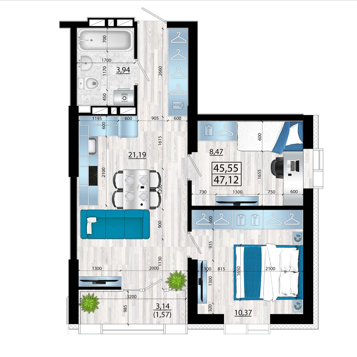 3-комнатная, 47.12 м², № 193 в Panorama (Панорама)
