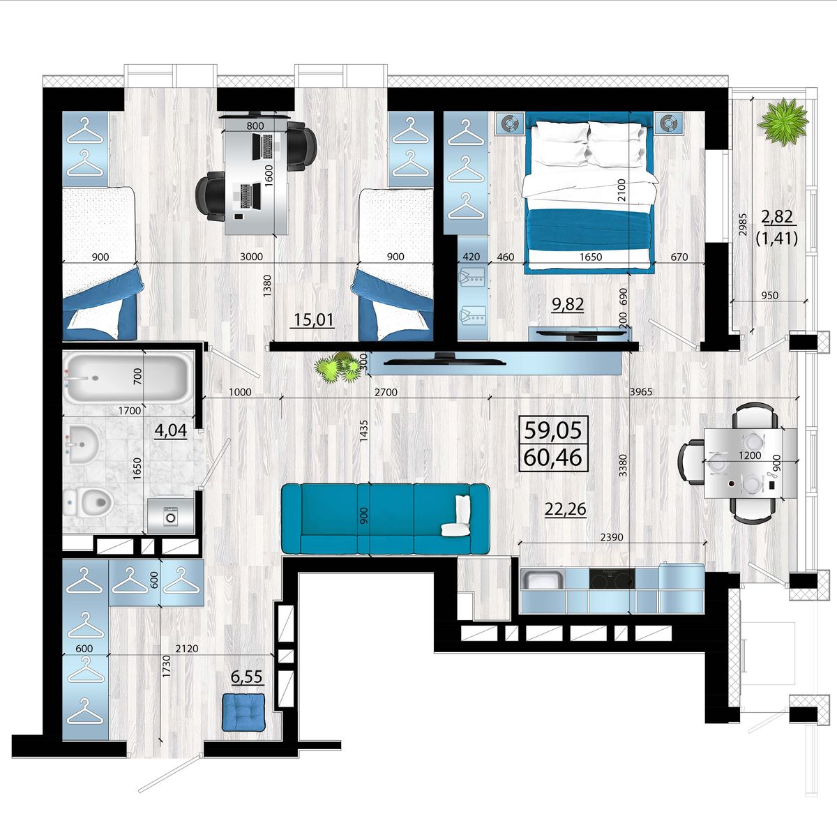 3-комнатная, 60.46 м², № 69 в Panorama (Панорама)