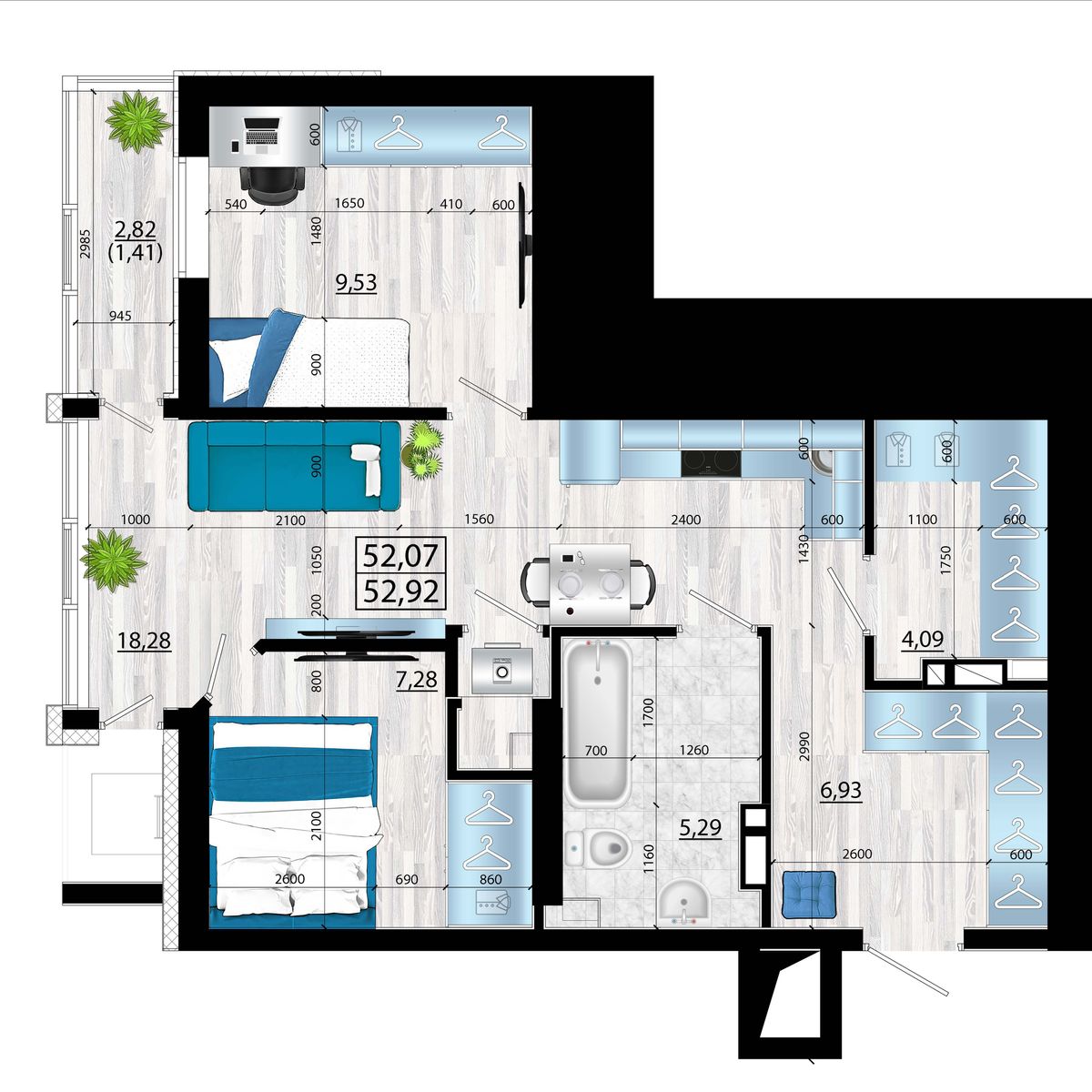 2-комнатная, 53.29 м², № 6 в Panorama (Панорама)
