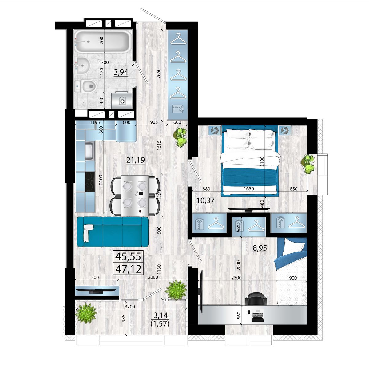3-комнатная, 47.12 м², № 193 в Panorama (Панорама)