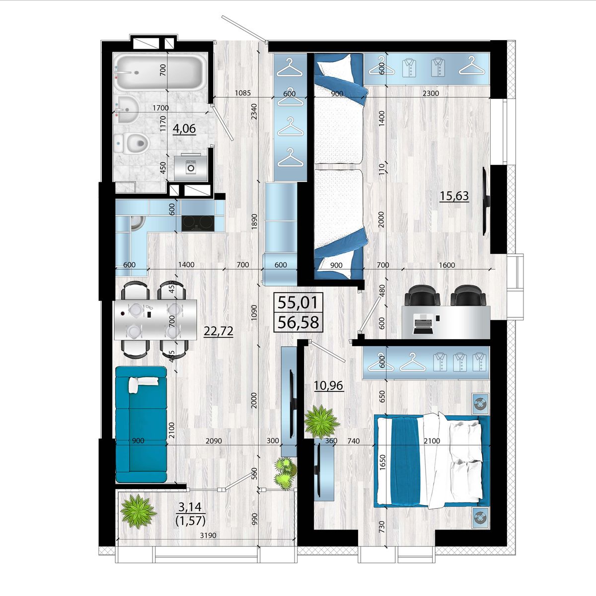 3-комнатная, 56.58 м², № 11 в Panorama (Панорама)