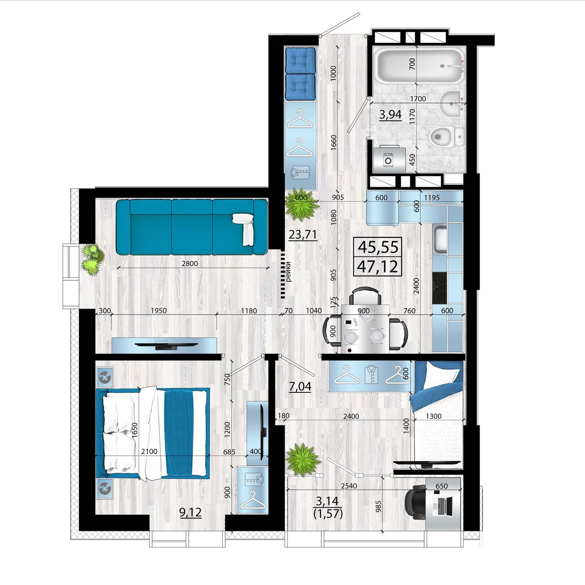 3-комнатная, 47.12 м², № 144 в Panorama (Панорама)