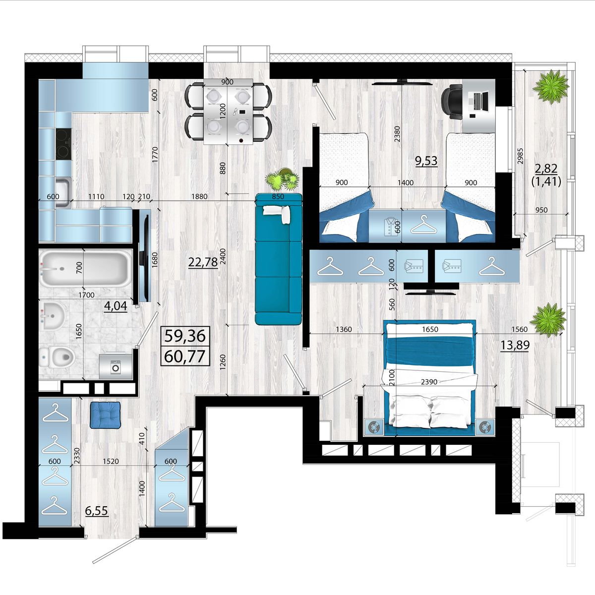 3-комнатная, 60.77 м², № 25 в Panorama (Панорама)