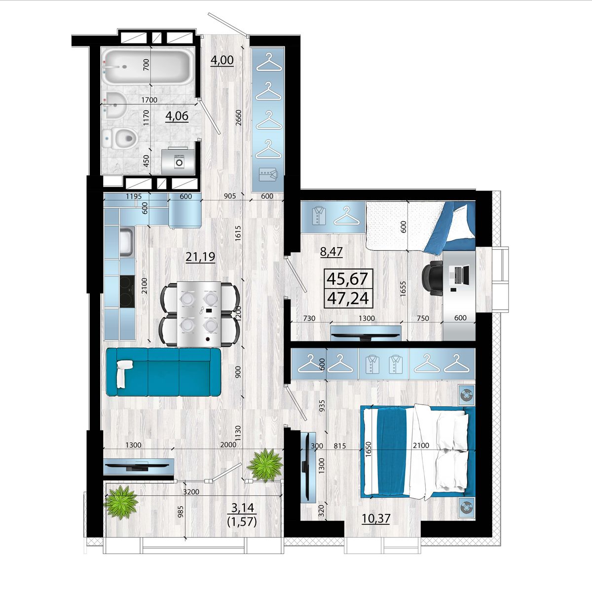 3-комнатная, 47.24 м², № 76 в Panorama (Панорама)