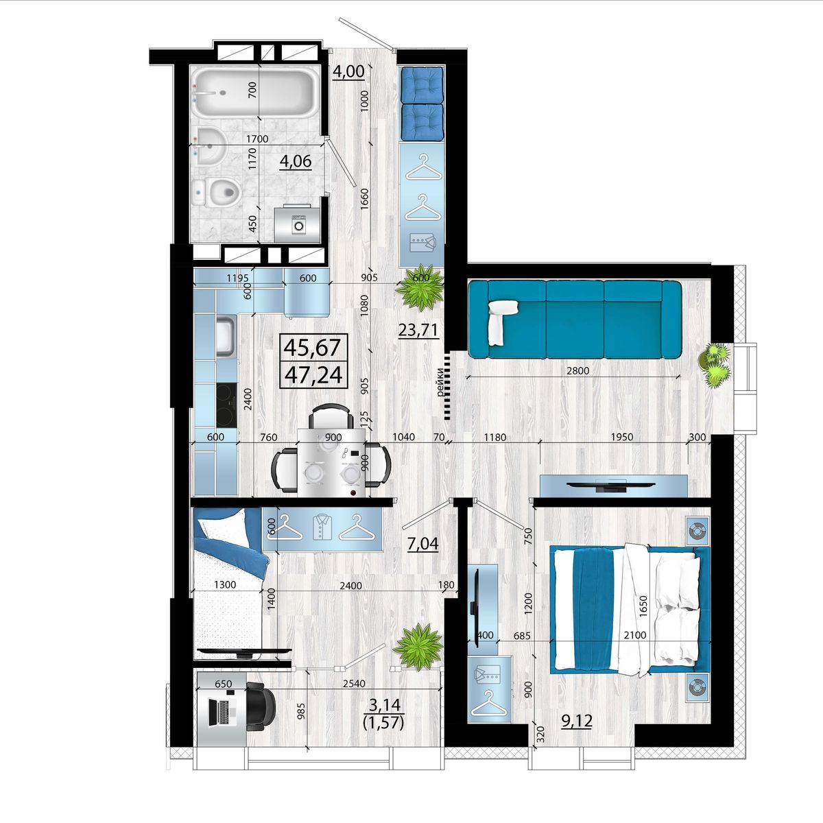 3-комнатная, 47.24 м², № 76 в Panorama (Панорама)