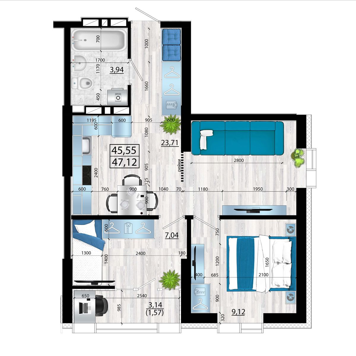 3-комнатная, 47.12 м², № 193 в Panorama (Панорама)