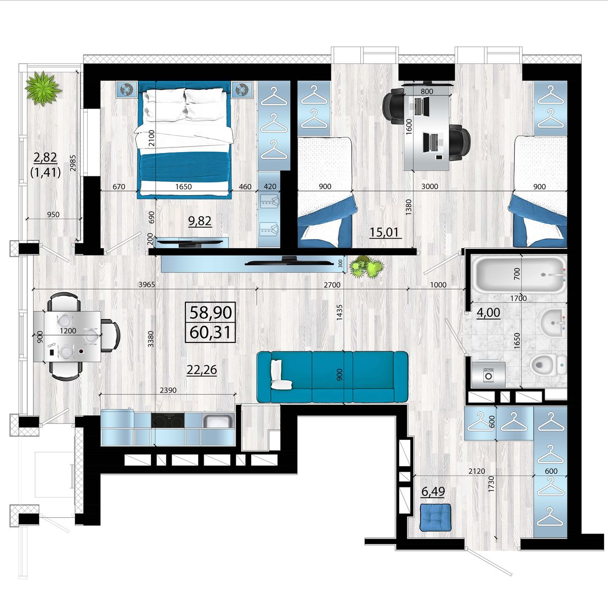 3-комнатная, 60.31 м², № 142 в Panorama (Панорама)