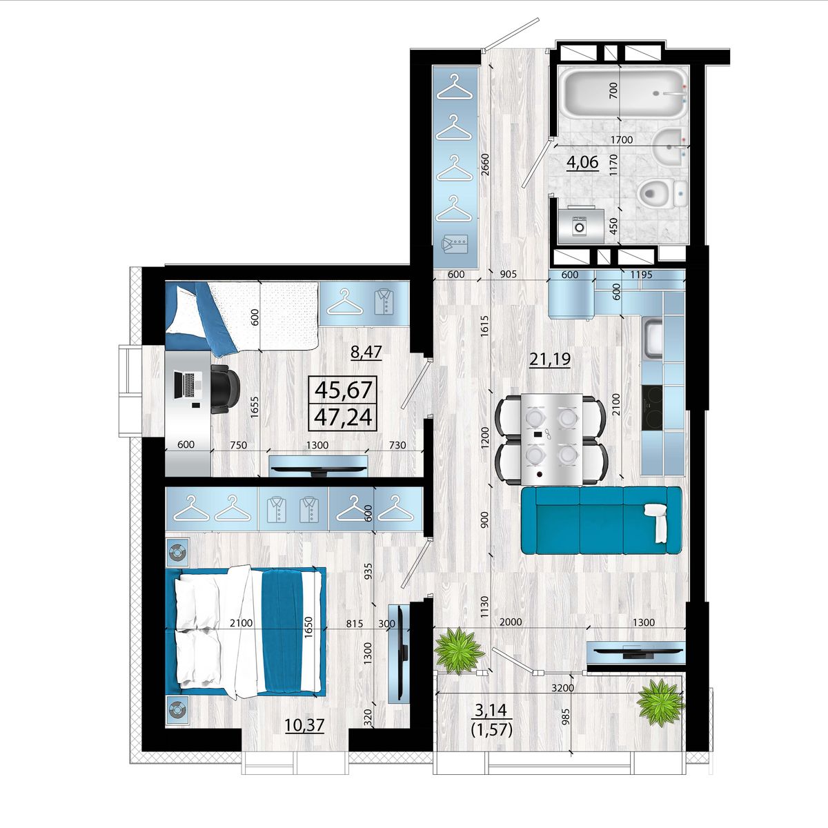 3-комнатная, 47.24 м², № 81 в Panorama (Панорама)