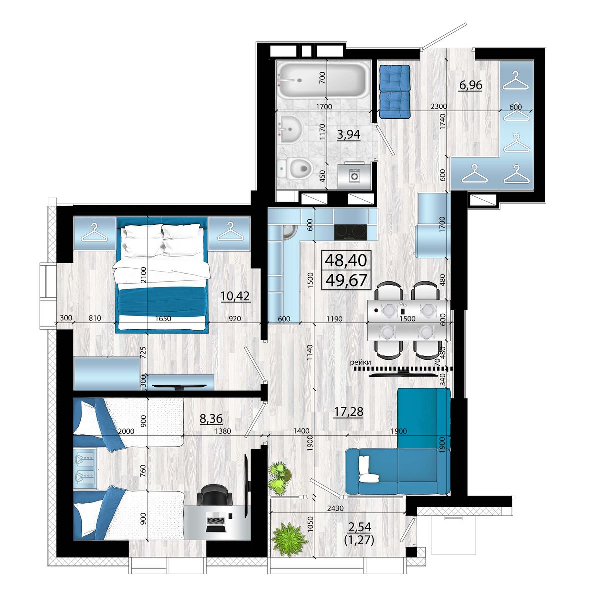 3-комнатная, 49.67 м², № 138 в Panorama (Панорама)