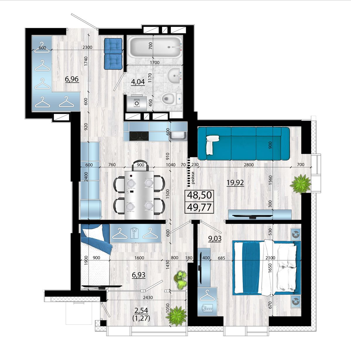 3-комнатная, 49.77 м², № 53 в Panorama (Панорама)