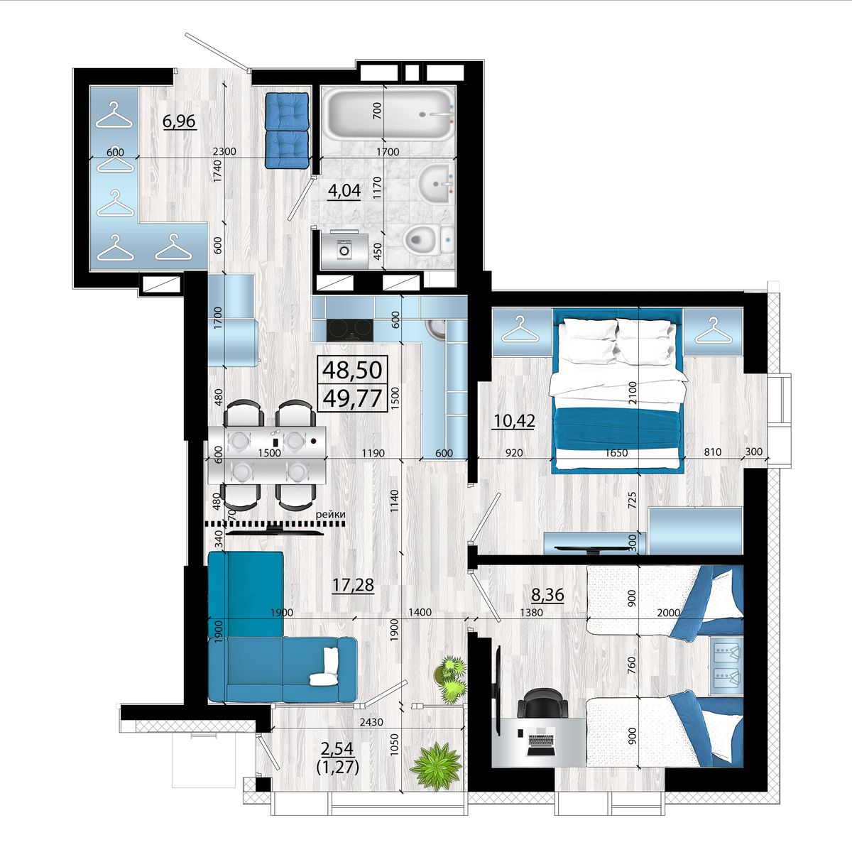 3-комнатная, 49.77 м², № 53 в Panorama (Панорама)