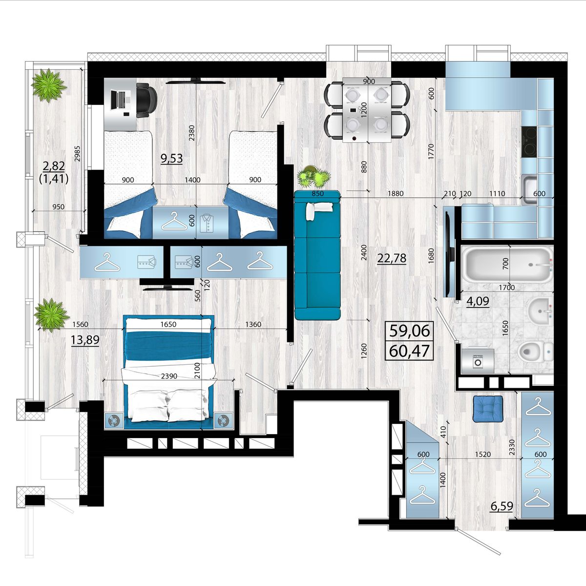3-комнатная, 60.47 м², № 64 в Panorama (Панорама)