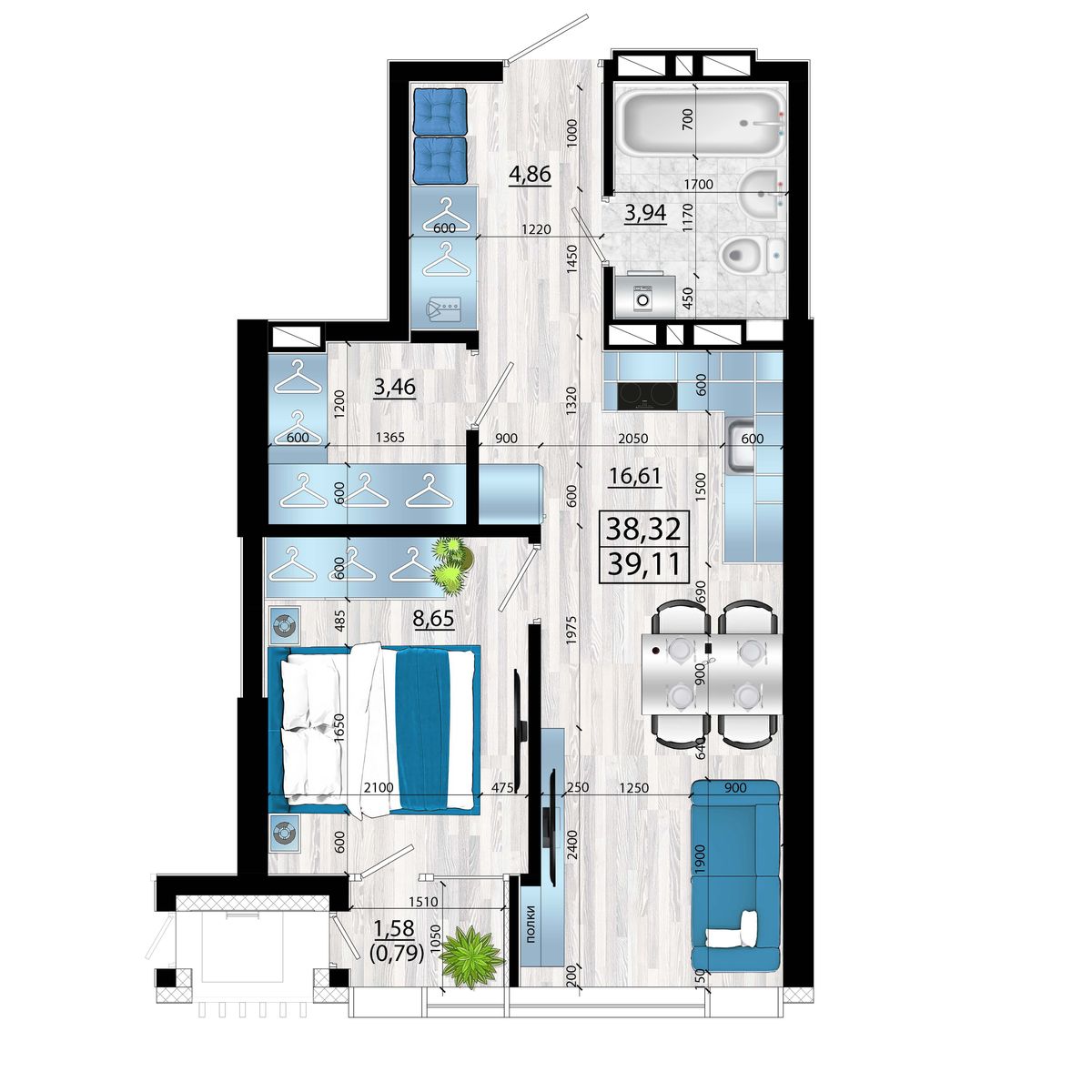 2-комнатная, 39.11 м², № 123 в Panorama (Панорама)