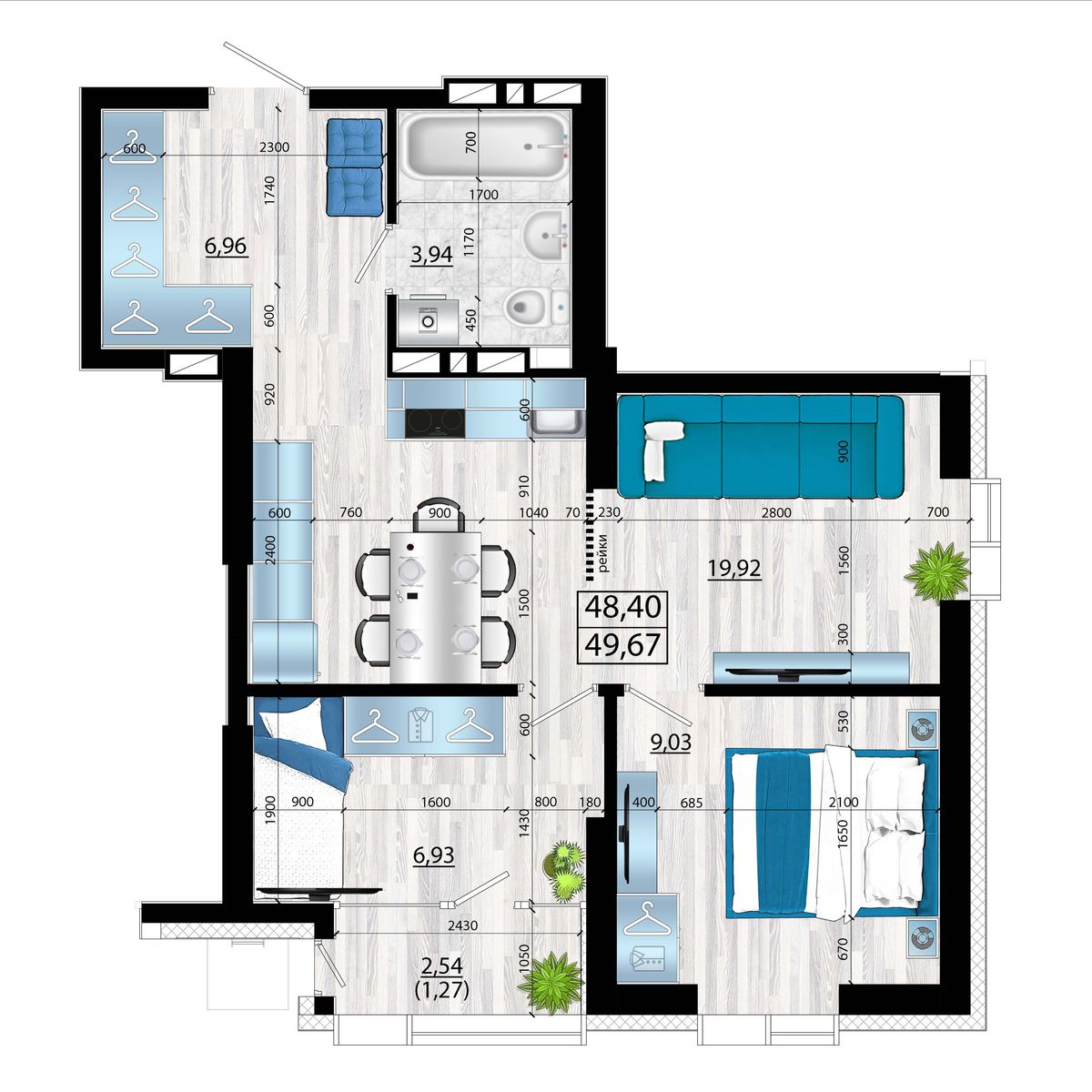 3-комнатная, 49.67 м², № 133 в Panorama (Панорама)