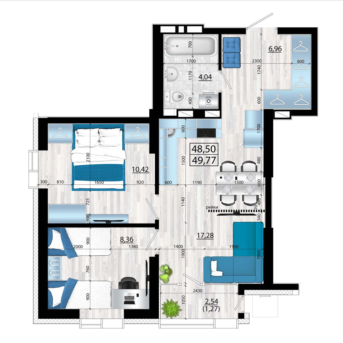 3-комнатная, 49.77 м², № 10 в Panorama (Панорама)