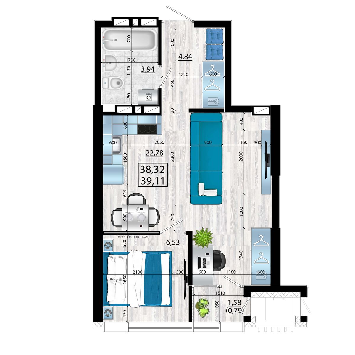 2-комнатная, 39.11 м², № 108 в Panorama (Панорама)