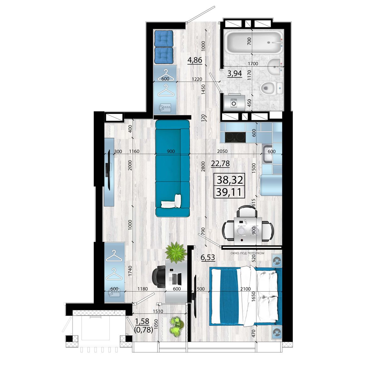 2-комнатная, 39.11 м², № 123 в Panorama (Панорама)