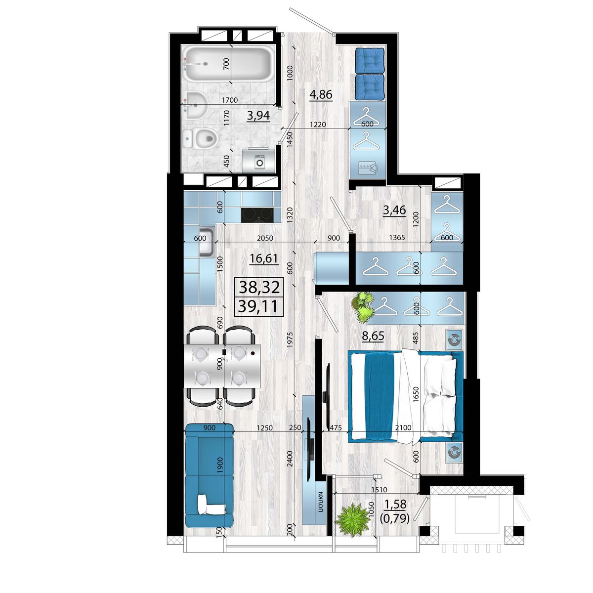 2-комнатная, 39.11 м², № 108 в Panorama (Панорама)