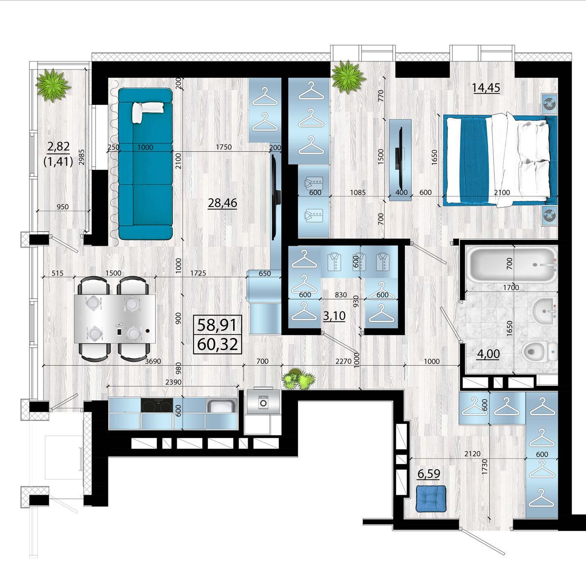 3-комнатная, 60.32 м², № 152 в Panorama (Панорама)