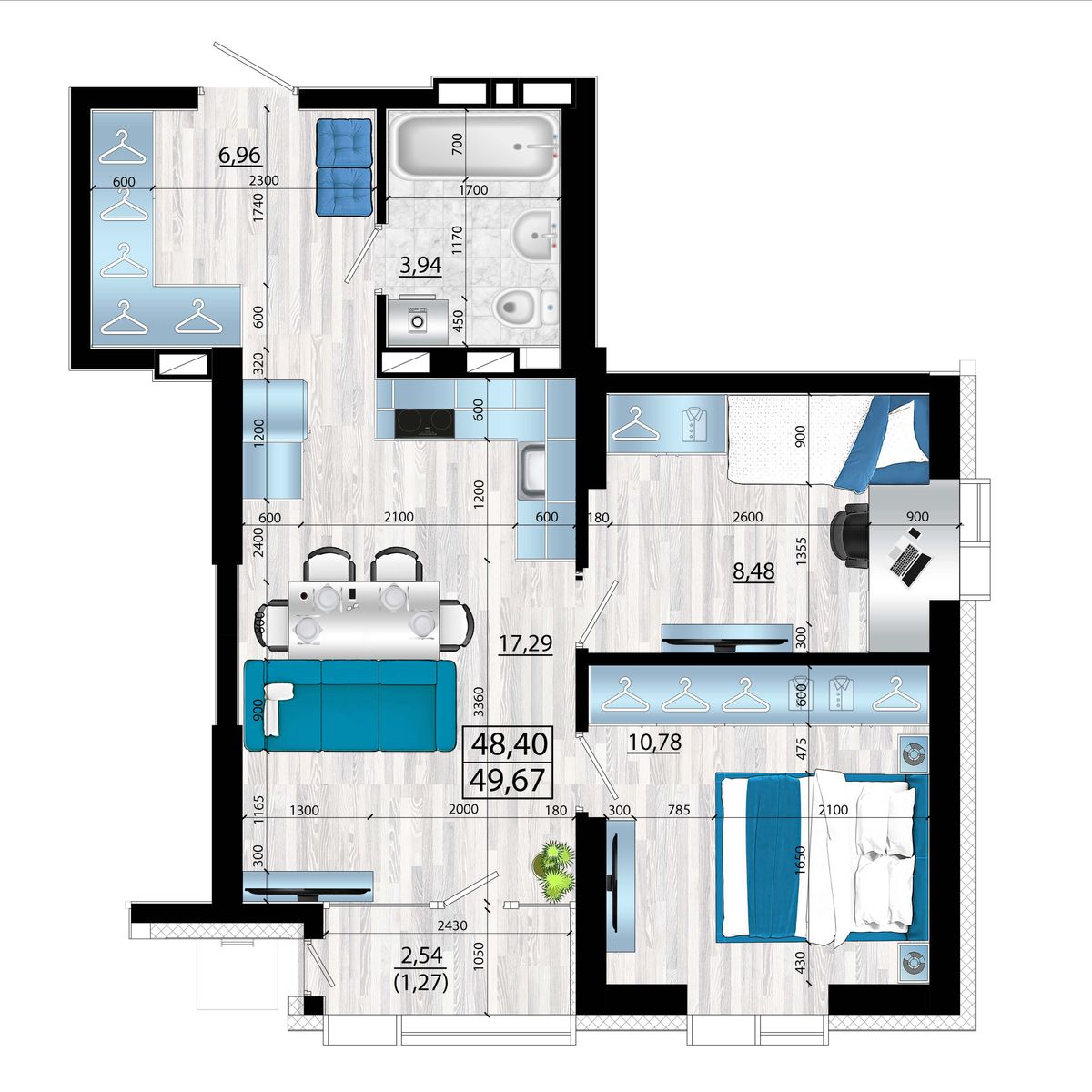 3-комнатная, 49.67 м², № 133 в Panorama (Панорама)
